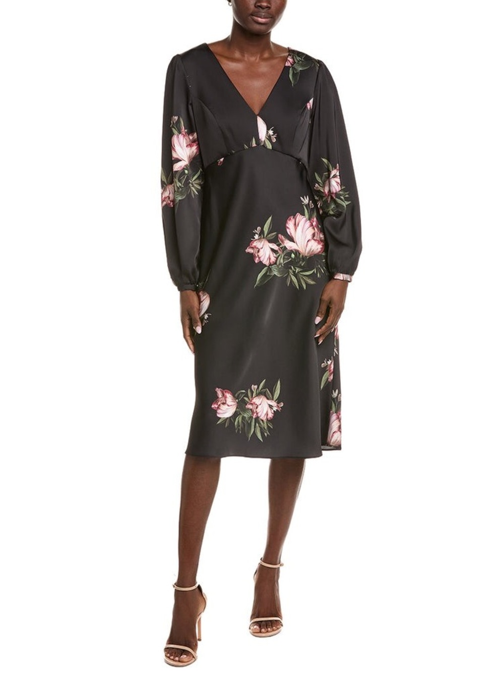 Sachin + Babi Black Floral V-Neck Long Sleeve Midi Dress